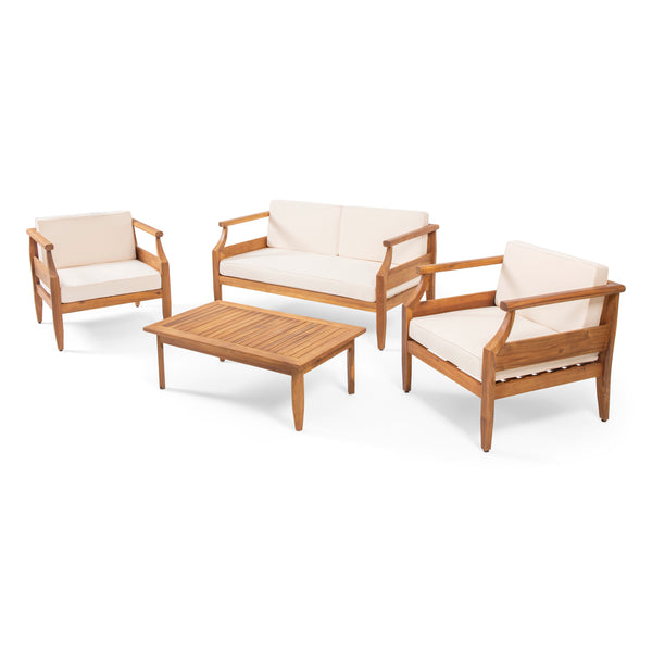 Gdf Studio Bianca Outdoor Mid-Century Modern Acacia Wood 4 Seater Chat Set With Cushions