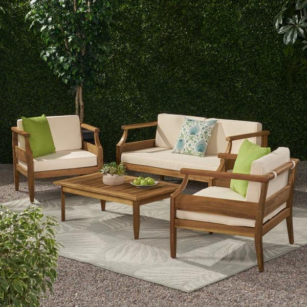 gdf studio Bianca Outdoor Mid-Century Modern Acacia Wood 4 Seater Chat Set with Cushions