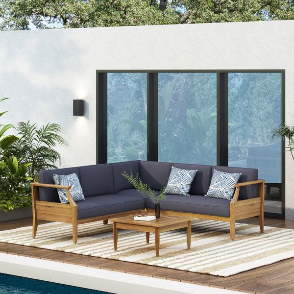 Gdf Studio Bianca Outdoor Mid-Century Modern Acacia Wood 5 Seater Sectional Chat Set With Cushions Teak And Dark Gray