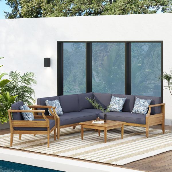 Gdf Studio Bianca Outdoor Mid-Century Modern Acacia Wood 5 Seater Sectional Chat Set With Club Chair Teak And Dark Gray