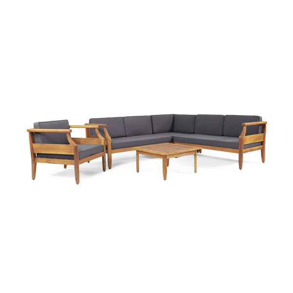 gdf studio Bianca Outdoor Mid-Century Modern Acacia Wood 5 Seater Sectional Chat Set with Club Chair Teak and Dark Gray