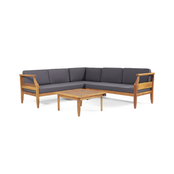 gdf studio Bianca Outdoor Mid-Century Modern Acacia Wood 5 Seater Sectional Chat Set with Cushions Teak and Dark Gray