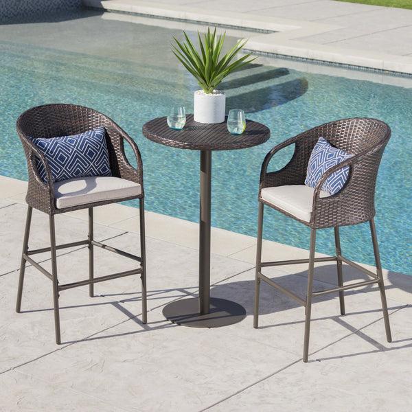 Gdf Studio Big Rock Outdoor 3 Piece Multi-brown Wicker Round Bar Set