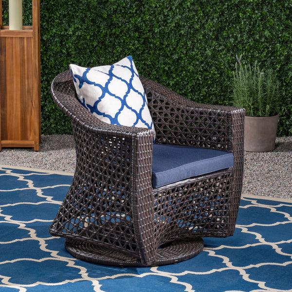 Gdf Studio Big Sur Patio Swivel Chair Wicker With Outdoor Cushions Multi-Brown Navy Blue
