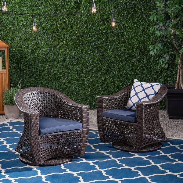 Gdf Studio Big Sur Patio Swivel Chair Wicker With Outdoor Cushions Multi-Brown Navy Blue