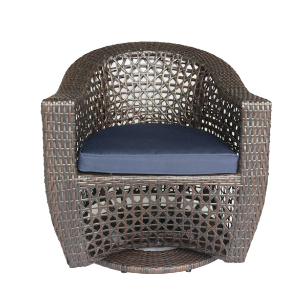 gdf studio Big Sur Patio Swivel Chair Wicker with Outdoor Cushions Multi-Brown Navy Blue