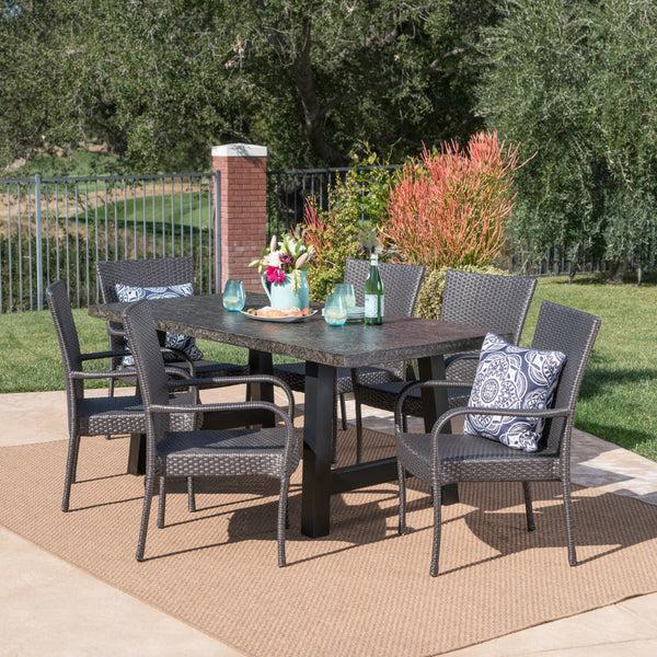 Gdf Studio Blease Outdoor 7 Piece Stacking Gray Wicker And Concrete Dining Set