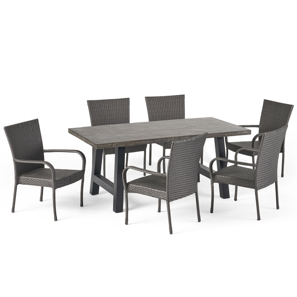 gdf studio Blease Outdoor 7 Piece Stacking Gray Wicker and Concrete Dining Set