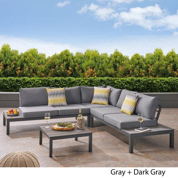Gdf Studio Blessen Outdoor Aluminum And Wood V-Shaped Sofa Set With Cushions