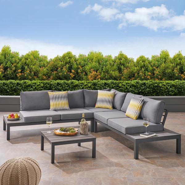Gdf Studio Blessen Outdoor Aluminum And Wood V-Shaped Sofa Set With Cushions