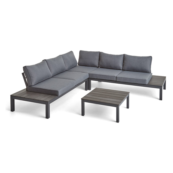 gdf studio Blessen Outdoor Aluminum and Wood V-Shaped Sofa Set with Cushions