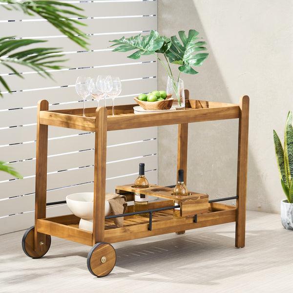 Gdf Studio Bonneau Outdoor Acacia Wood 2 Tiered Bar Cart With Bottle Holders Teak And Black