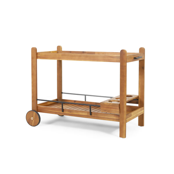 gdf studio Bonneau Outdoor Acacia Wood 2 Tiered Bar Cart with Bottle Holders Teak and Black