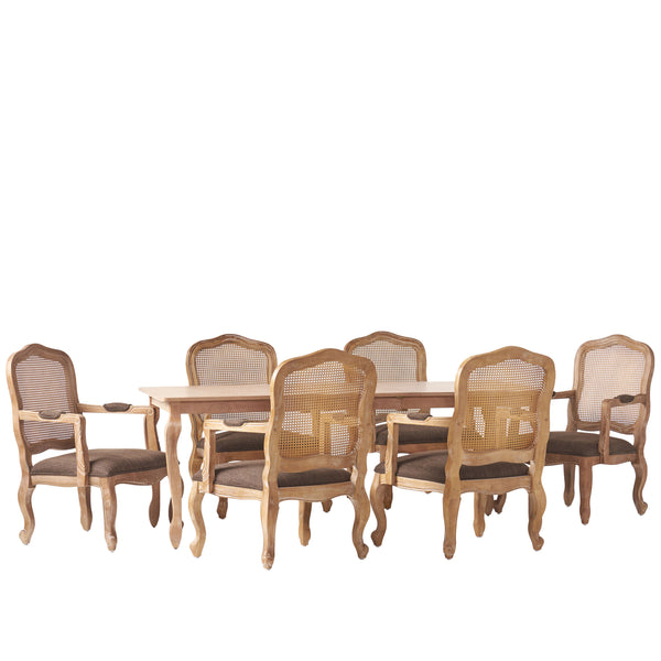 Gdf Studio Bonview French Country Fabric Upholstered Wood And Cane Expandable 7 Piece Dining Set