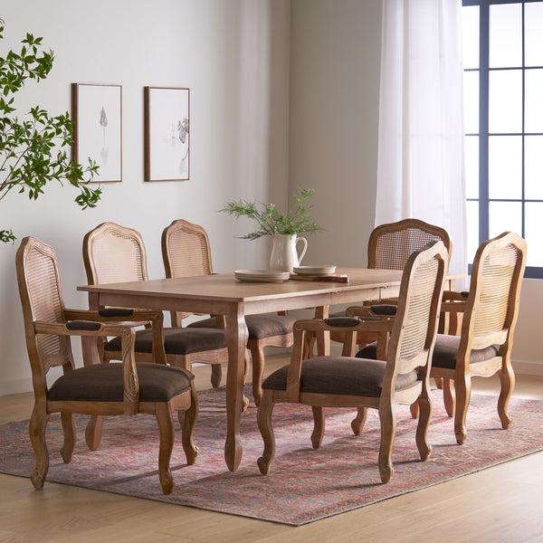 gdf studio Bonview French Country Fabric Upholstered Wood and Cane Expandable 7 Piece Dining Set