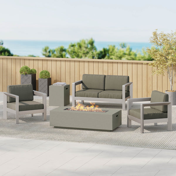 Gdf Studio Booth Outdoor 4-Seater Aluminum Chat Set With Fire Pit And Tank Holder