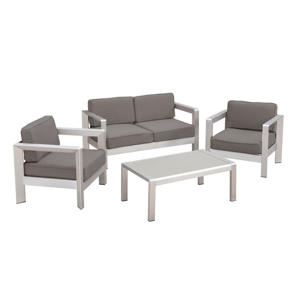 gdf studio Booth Outdoor 4-Seater Aluminum Chat Set with Tempered Glass-Topped Coffee Table
