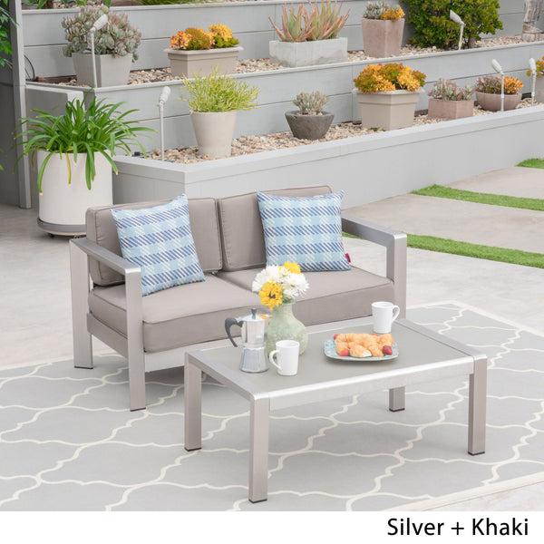 Gdf Studio Booth Outdoor Aluminum Loveseat And Tempered Glass-Topped Coffee Table