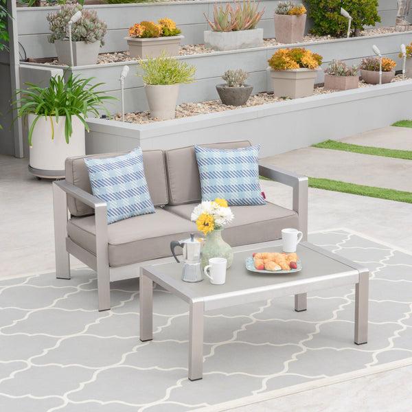 Gdf Studio Booth Outdoor Aluminum Loveseat And Tempered Glass-Topped Coffee Table