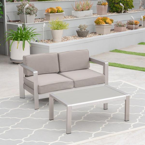 Gdf Studio Booth Outdoor Aluminum Loveseat And Tempered Glass-Topped Coffee Table