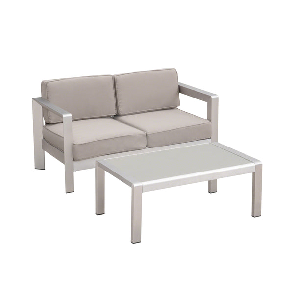 gdf studio Booth Outdoor Aluminum Loveseat and Tempered Glass-Topped Coffee Table