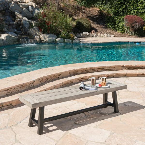 Gdf Studio Bowman Outdoor Acacia Wood Dining Bench With Rustic Metal Finish Frame
