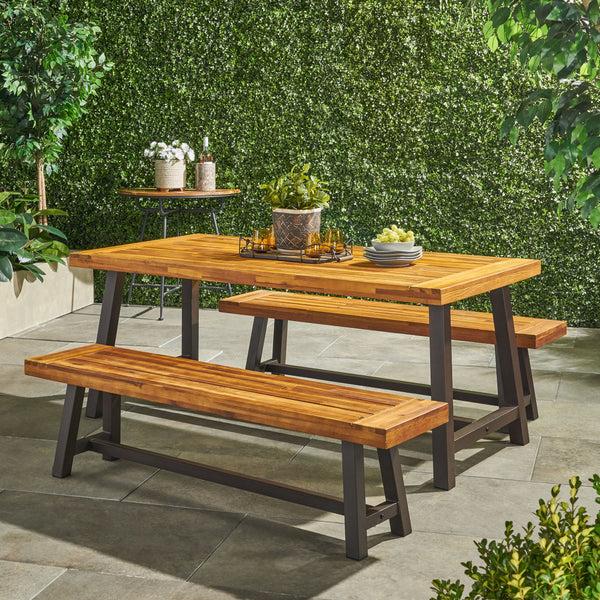 Gdf Studio Bowman Outdoor Modern Industrial 3 Piece Acacia Wood Picnic Dining Set With Benches Sandblasted Teak