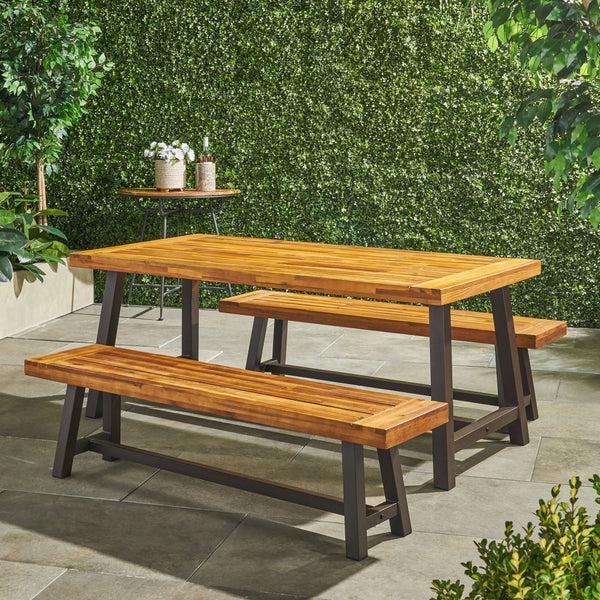 Gdf Studio Bowman Outdoor Modern Industrial 3 Piece Acacia Wood Picnic Dining Set With Benches Sandblasted Teak