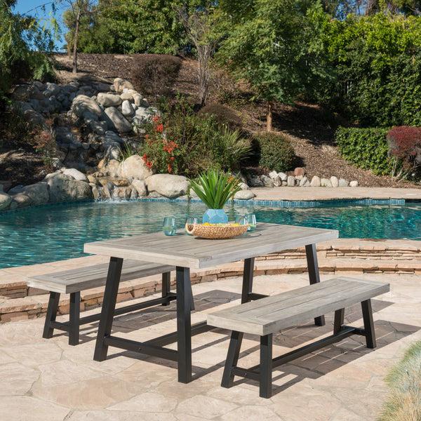 Gdf Studio Bowman Outdoor Modern Industrial 3 Piece Acacia Wood Picnic Dining Set With Benches