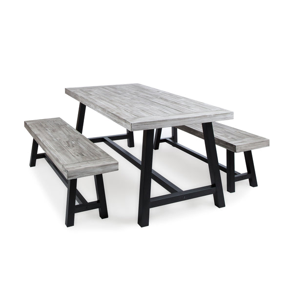 gdf studio Bowman Outdoor Modern Industrial 3 Piece Acacia Wood Picnic Dining Set with Benches