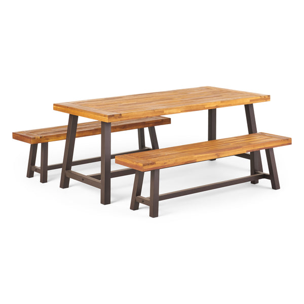 gdf studio Bowman Outdoor Modern Industrial 3 Piece Acacia Wood Picnic Dining Set with Benches Sandblasted Teak