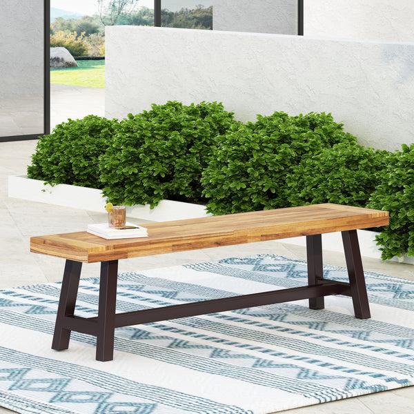 Gdf Studio Bowman Outdoor Sandblack Finish Acacia Wood & Rustic Metal Bench
