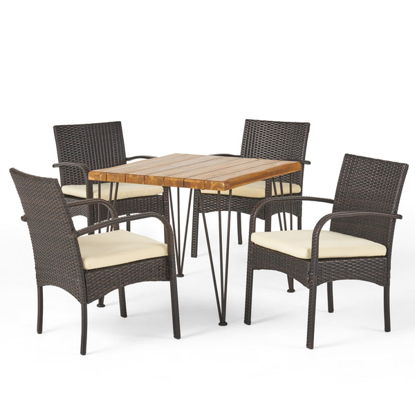 Gdf Studio Brady Outdoor Industrial Wood And Wicker 5 Piece Square Dining Set Teak And Multi Brown And Cr¨¨me