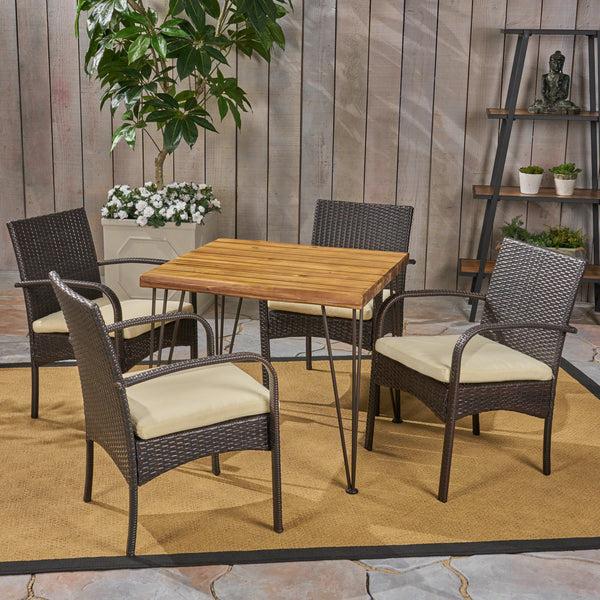 Gdf Studio Brady Outdoor Industrial Wood And Wicker 5 Piece Square Dining Set Teak And Multi Brown And Cr¨¨me