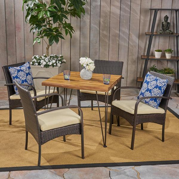 gdf studio Brady Outdoor Industrial Wood and Wicker 5 Piece Square Dining Set Teak and Multi Brown and Cr¨¨me