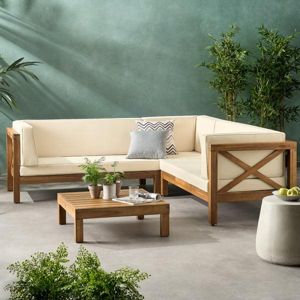Gdf Studio Brava Outdoor 4 Piece V-Shaped Acacia Wood Sectional Sofa And Coffee Table Set