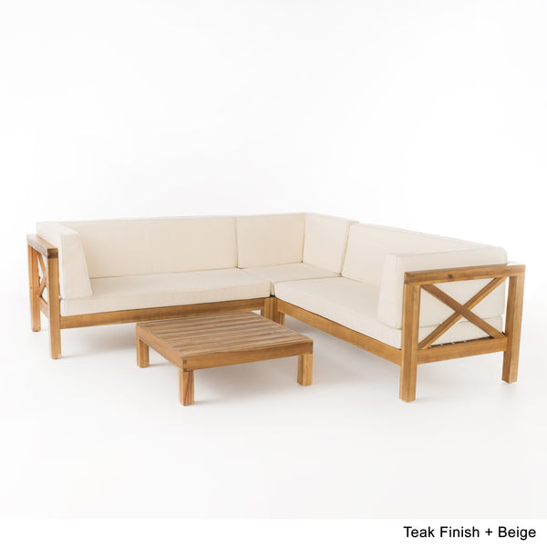 Gdf Studio Brava Outdoor 4 Piece V-Shaped Acacia Wood Sectional Sofa And Coffee Table Set