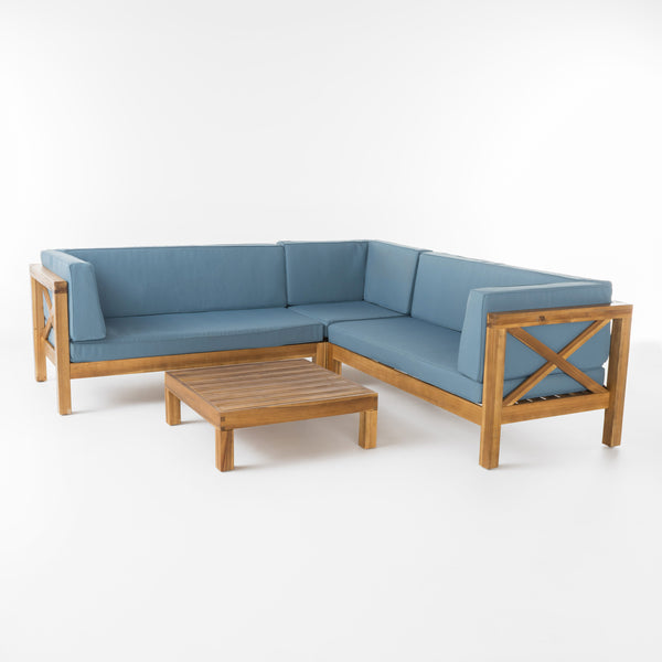 Gdf Studio Brava Outdoor 4 Piece V-Shaped Acacia Wood Sectional Sofa And Coffee Table Set