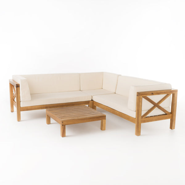 gdf studio Brava Outdoor 4 Piece V-Shaped Acacia Wood Sectional Sofa and Coffee Table Set