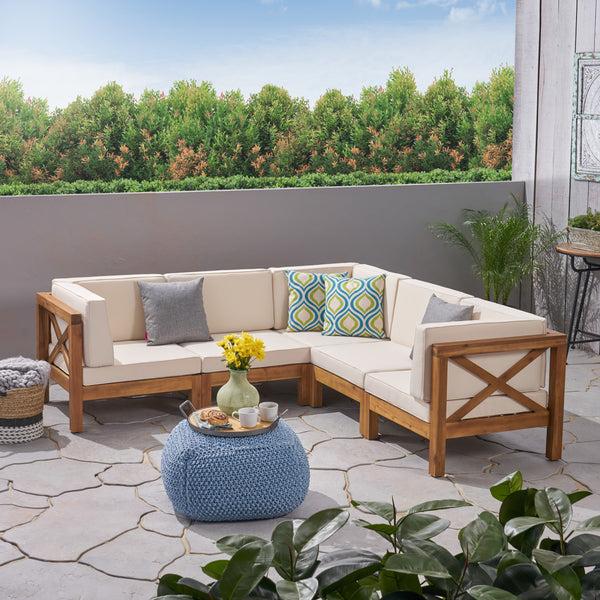 Gdf Studio Brava Outdoor Acacia Wood 5 Seater Sectional Sofa Set With Water-Resistant Cushions