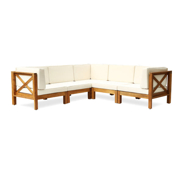 gdf studio Brava Outdoor Acacia Wood 5 Seater Sectional Sofa Set with Water-Resistant Cushions