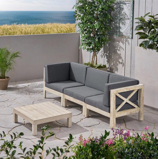 Gdf Studio Brava Outdoor Modular Acacia Wood Sofa And Coffee Table Set With Cushions