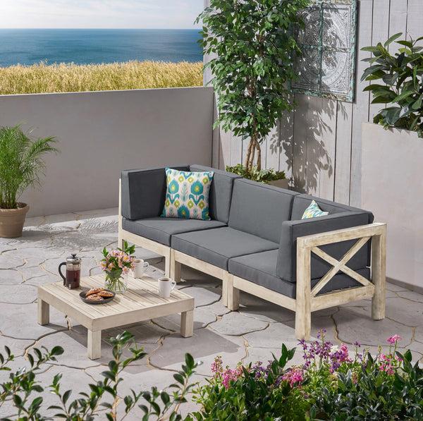 Gdf Studio Brava Outdoor Modular Acacia Wood Sofa And Coffee Table Set With Cushions