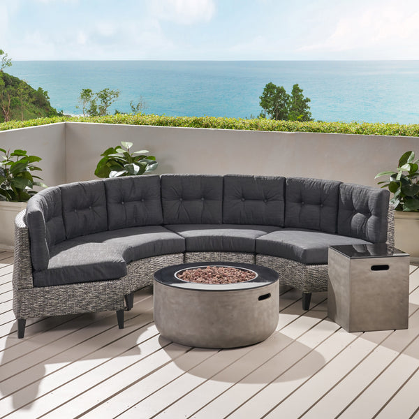 Gdf Studio Breann Outdoor Round 4 Seater Wicker Sectional Set With Fire Pit And Tank Holder