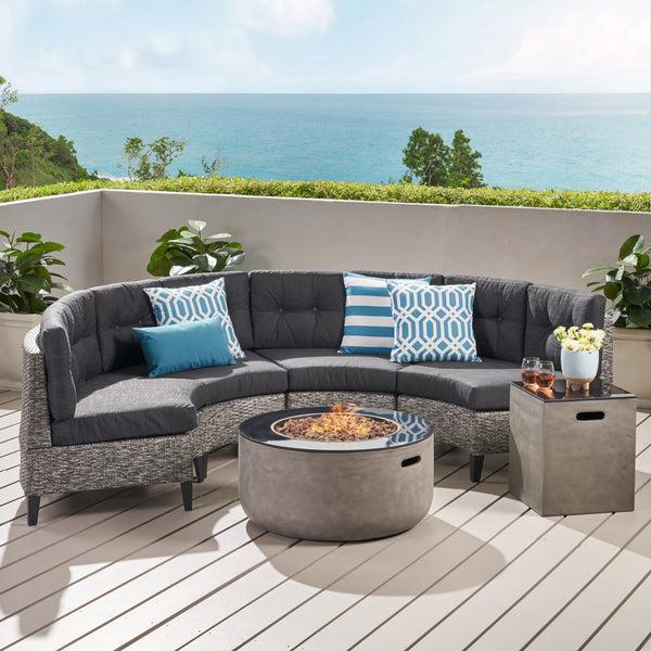 Gdf Studio Breann Outdoor Round 4 Seater Wicker Sectional Set With Fire Pit And Tank Holder