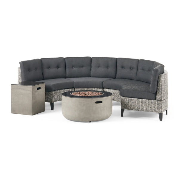 gdf studio Breann Outdoor Round 4 Seater Wicker Sectional Set with Fire Pit and Tank Holder