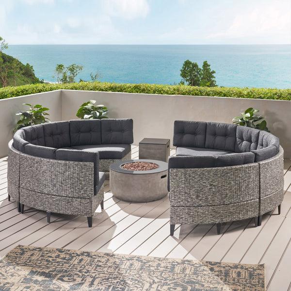 Gdf Studio Breann Outdoor Round 8 Seater Wicker Sectional Set With Fire Pit And Tank Holder