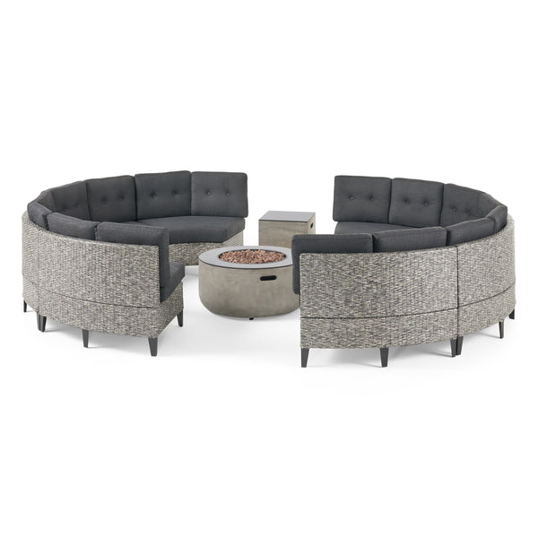 gdf studio Breann Outdoor Round 8 Seater Wicker Sectional Set with Fire Pit and Tank Holder