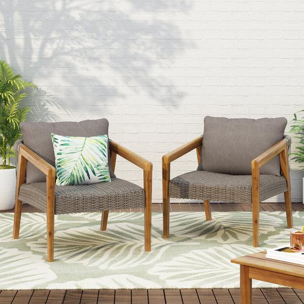 Gdf Studio Breck Outdoor Acacia Wood And Wicker Club Chairs With Cushion Set Of 2 Teak And Gray