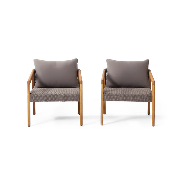 gdf studio Breck Outdoor Acacia Wood and Wicker Club Chairs with Cushion Set of 2 Teak and Gray